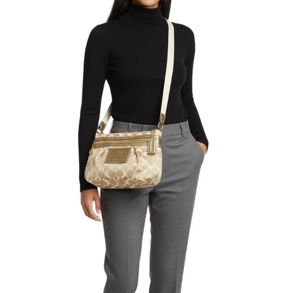 COACH Poppy Signature Crossbody Gold/Khaki Satin – Small Convertible Bag - Picture 1 of 7